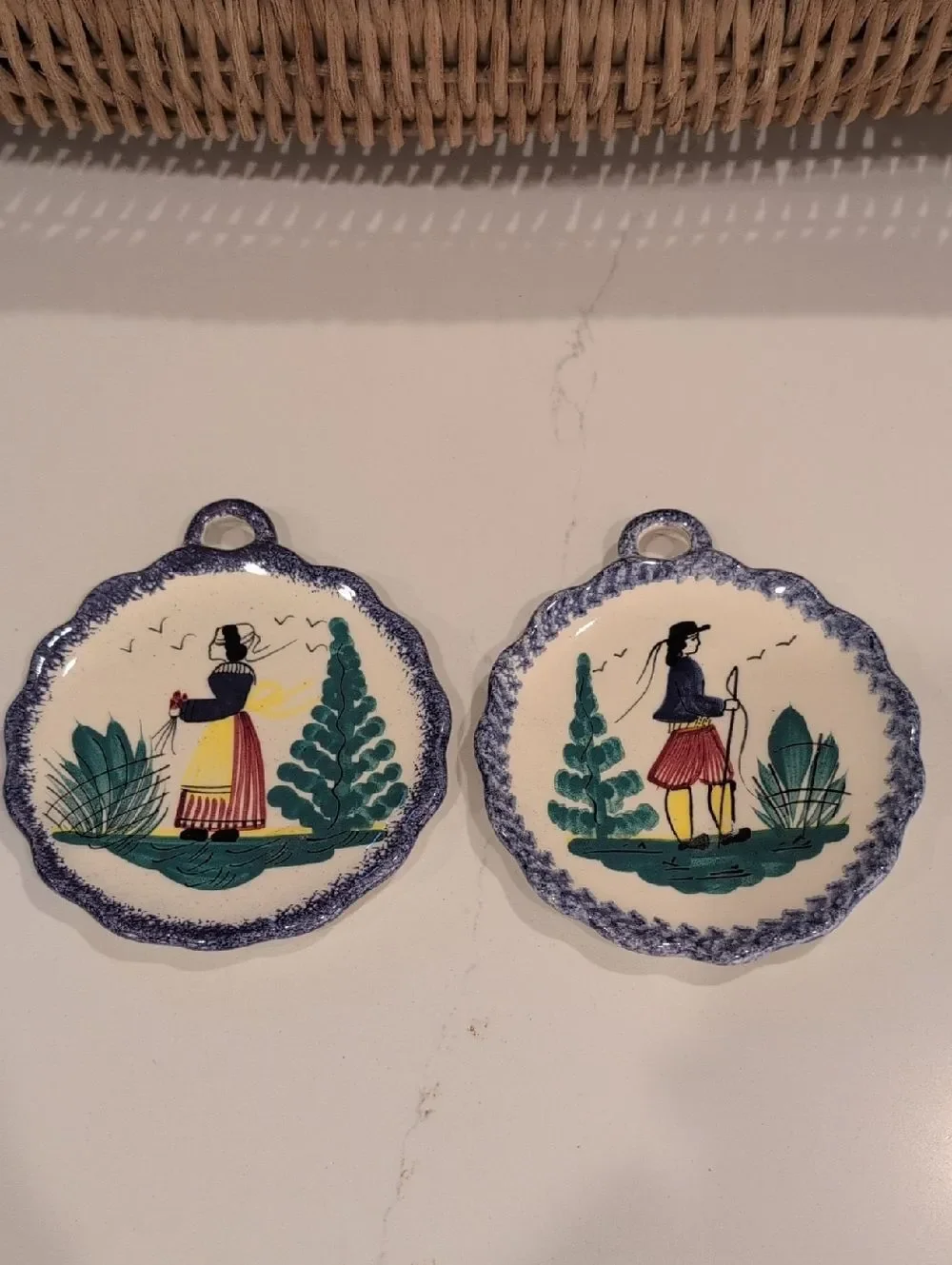 Henriot Quimper Pottery Dish Wall Plaque Breton Woman & Man France Set of 2
